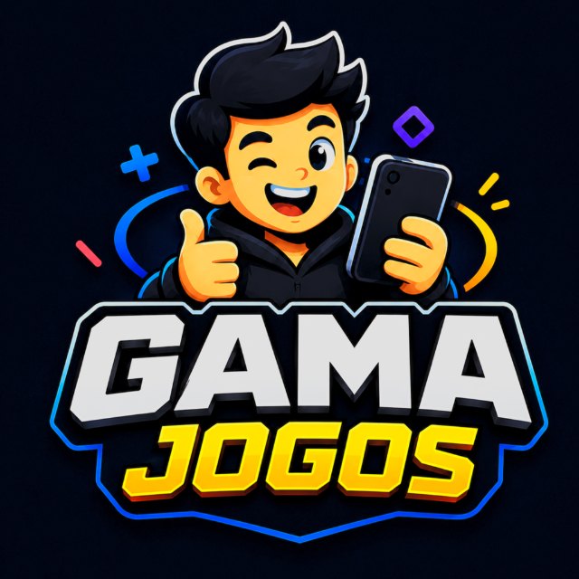 Logo da GamaJogos: mascote piscando e segurando um celular