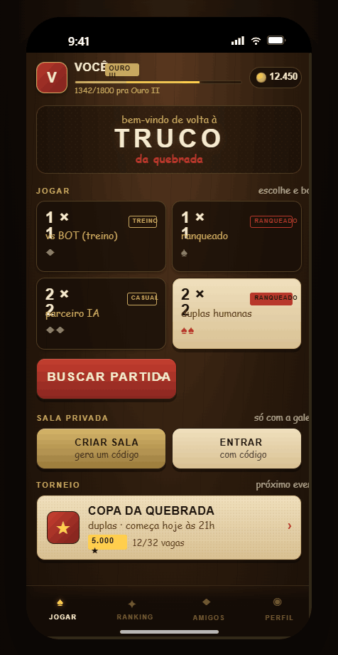 Tela inicial do app de Truco da GamaJogos