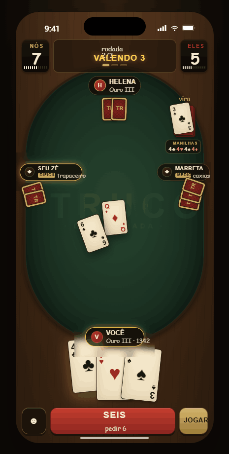 Tela de uma partida de Truco da GamaJogos no celular Android