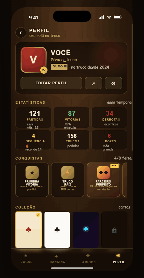 Perfil do jogador com estatísticas, conquistas e coleção de cartas